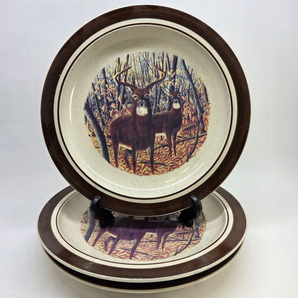 Cabela's Folkcraft Stoneware "WHITETAIL BUCK" Buck And Doe 11" Dinner Plates
